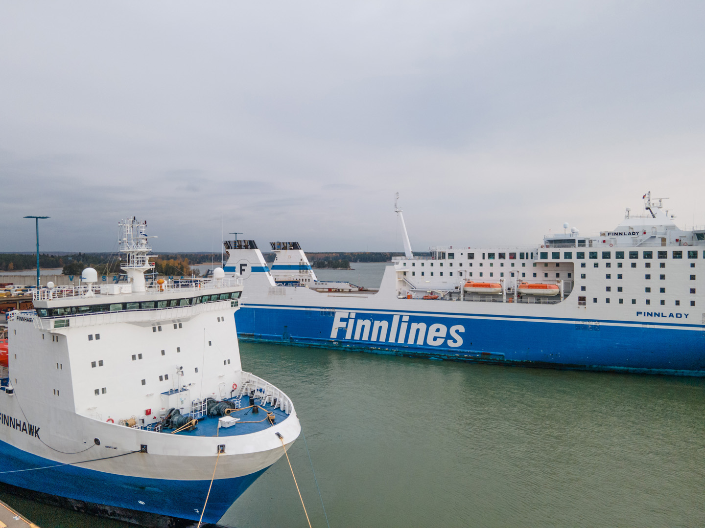 The Star class ro-pax vessel and smaller ro-ro vessel at the Vuosaari Harbour.