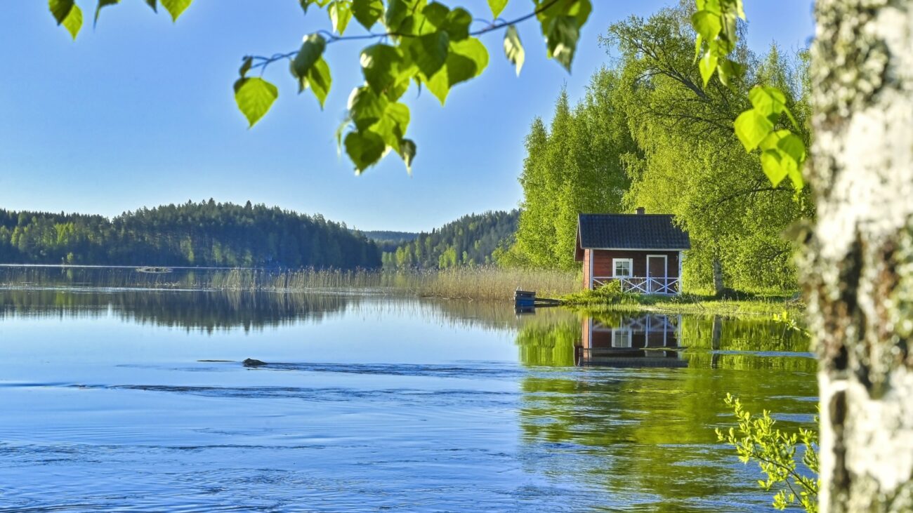 Holzhütte in Finnlands Seenlandschaft umgeben von Wald.