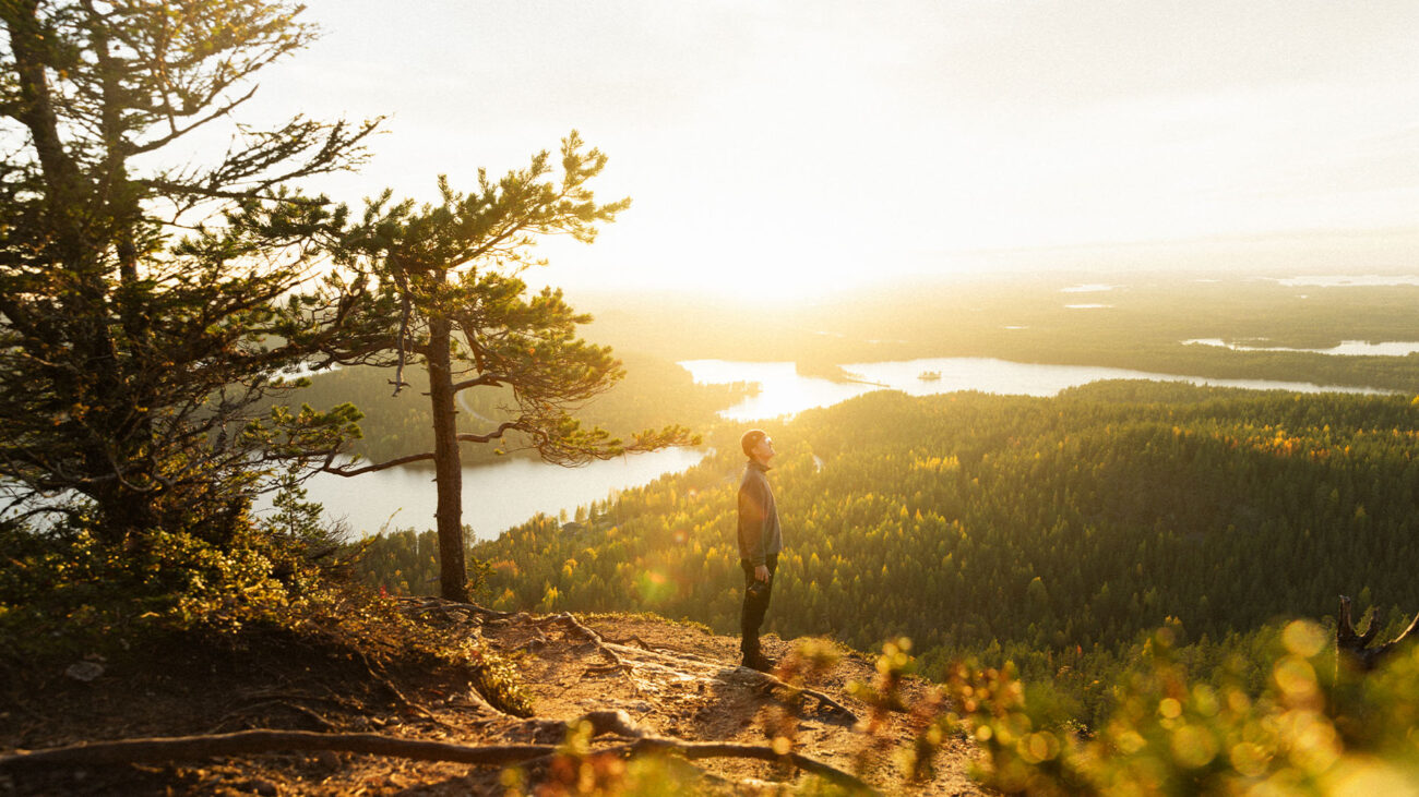 Mann steht auf einer Hochebene und blickt über die Landschaft Lapplands