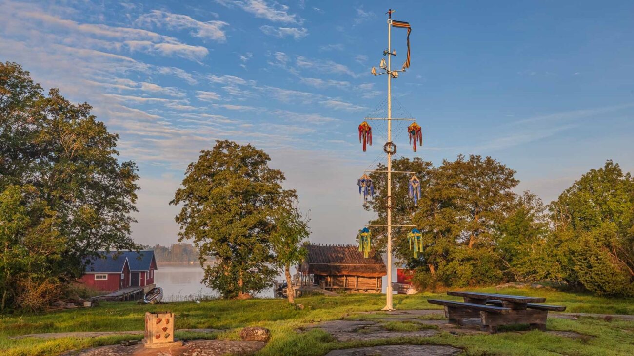 Der Maibaum steht auf einem Feld, dass als Versammlungsort dient