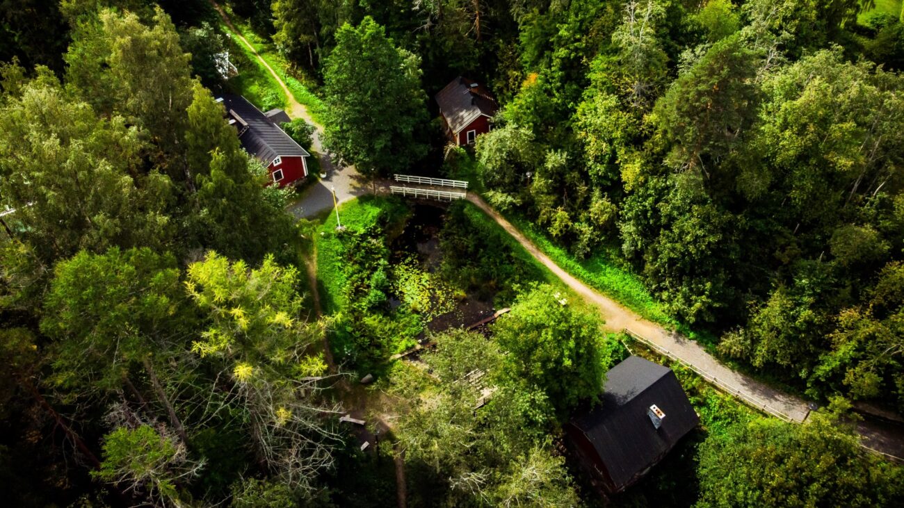 Rote Häuser im grünen Tannenwald von Finnlands Wohlfühlregion Mikkeli. 